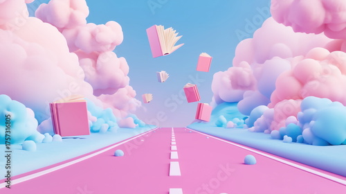 Surreal 3D-Illustrated Scene: Pink Race Track, Floating Cubes, Pastel Clouds, and Spherical Accents in a Dreamy Sky