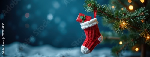 Christmas gift box inside Christmas sock hanging on a Christmas tree branch with garland lights against dark blue bokeh background with snowflakes and snow underground