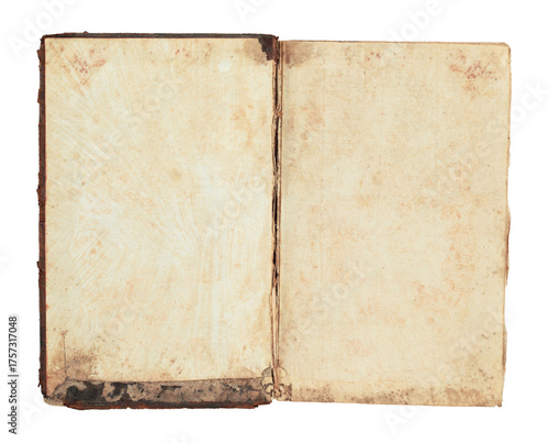 Open antique book showing blank aged pages, isolated on transparent background. THIS IS REAL PHOTO, NOT IS GENERATIVE AI