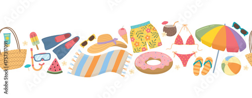 Horizontal border with summer beach objects. Background with elements for vacation isolated on white.	