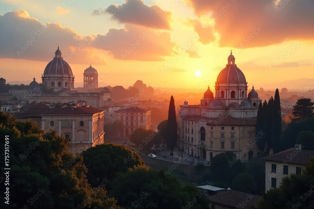 Obraz premium Serene cityscape view of Rome at dawn, sunlight illuminating ancient ruins, a peaceful meditative atmosphere , cityscape, mindfulness, columns