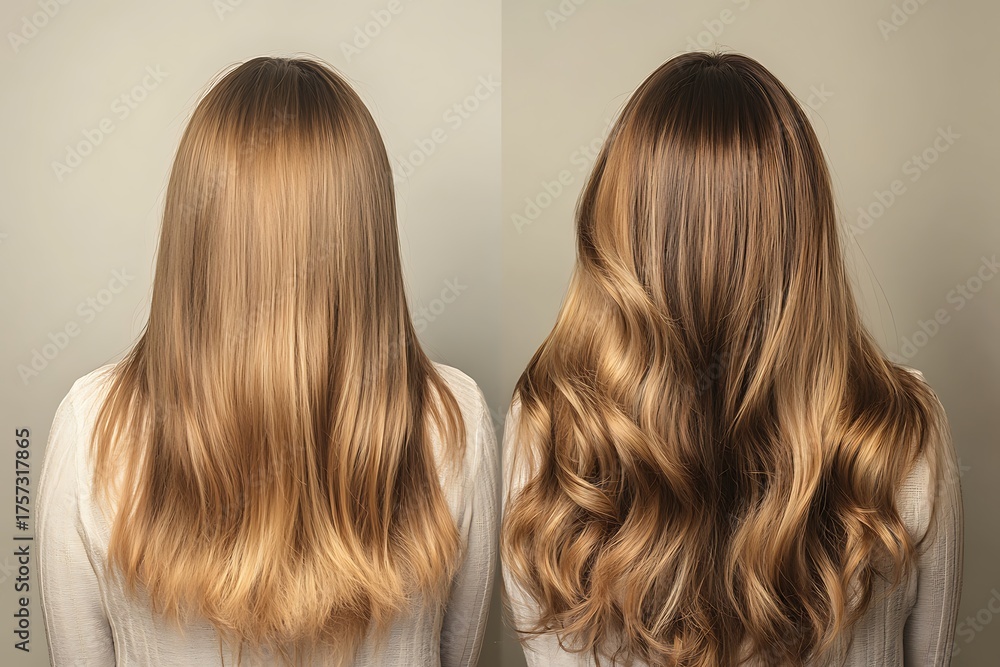 Fototapeta premium A before and after hair treatment visual, showcasing the transformation and beauty of a woman's long hair.