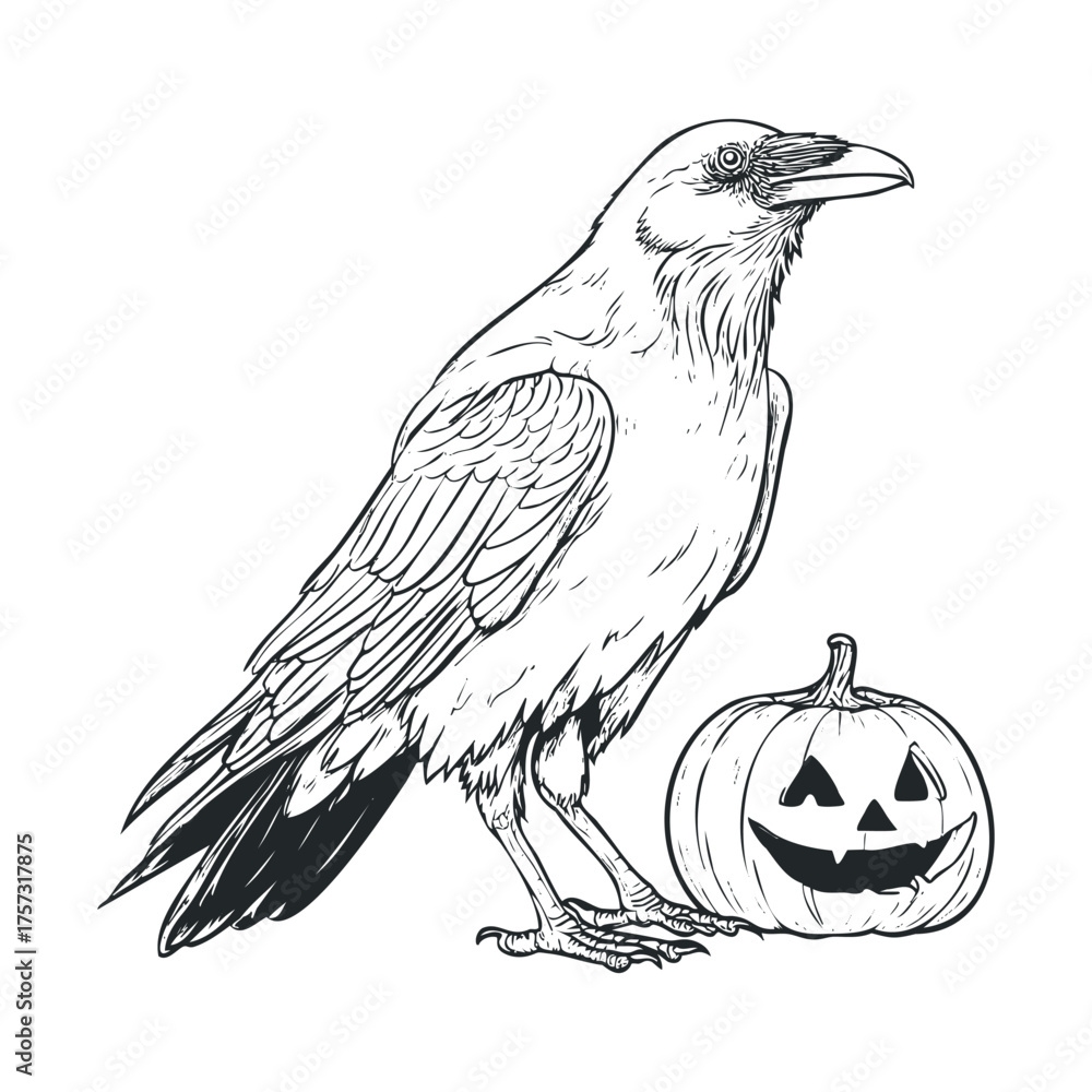 Fototapeta premium Halloween decorations featuring raven with carved pumpkin. Vector hand drawn illustration