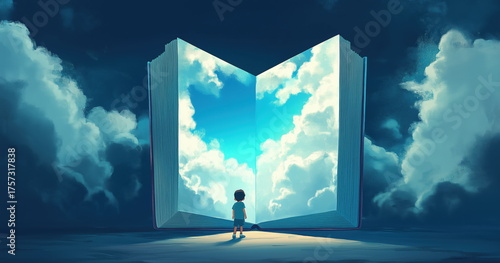 A child stands in front of an open book with a blue sky and white clouds inside