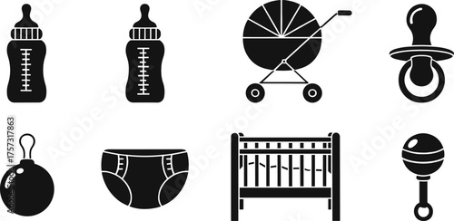 Baby essentials icon set, infant care illustration, stroller design, bottle feeding, pacifier, crib bed, diaper hygiene, rattle toy, childcare concept