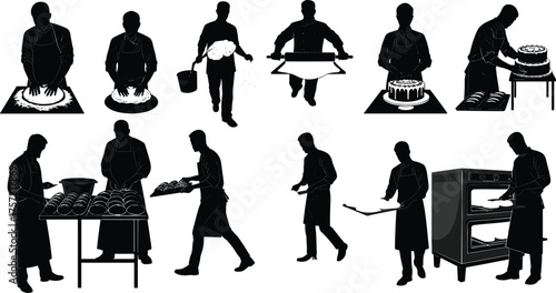 Baking process silhouettes, baker kneading dough, rolling pin, cake decoration, oven baking, bread making, culinary art, black white illustration