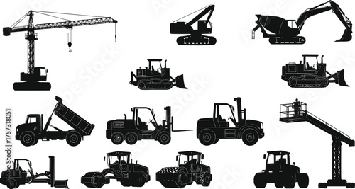 Black and white silhouettes of construction vehicles, cranes, excavators, bulldozers, dump trucks, forklifts, loaders, graders, rollers, backhoe, skid steer