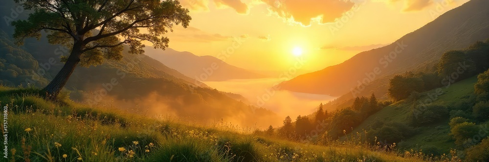 Fototapeta premium Serene landscape bathed in golden sunlight, evoking feelings of peace, tranquility, and spiritual connection with nature Perfect for meditation, yoga, or mindfulness themes , clouds, hope