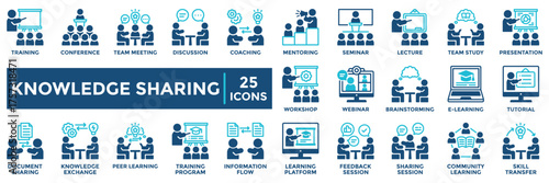 Knowledge Sharing icon collection set. containing learning, training, coaching, mentoring, and knowledge exchange. Ideal for education, teamwork, online learning, and corporate training visuals.