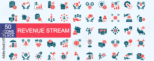Revenue stream icon set collection. Consist of income statement, revenue, sales, interest rate, rental income, gross profit, operating expenses, insurance. Simple vector glyph red illustration.