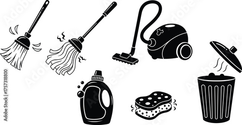 Cleaning tools icon set, household hygiene illustration, broom sweeping, mop washing, vacuum cleaner, detergent bottle, sponge, trash can design