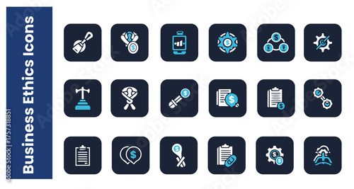 Collection of business ethics icons representing integrity fairness transparency and responsibility in corporate culture