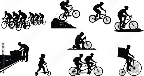 Cycling silhouettes, BMX stunt, road cycling, tandem bicycle, scooter riding, delivery service, bicycle repair, push cart, wheeled transport, outdoor activity, fitness lifestyle, extreme sports,