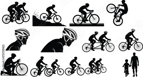 Cycling silhouettes, mountain biking, tandem bicycle, wheelie stunt, cyclist repair, child learning ride, helmet safety, black white illustration