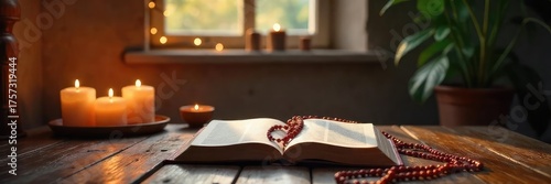 Serene prayer room with candles, rosary beads, and open Bible; peaceful sanctuary for quiet contemplation and spiritual reflection , buddhism, faith