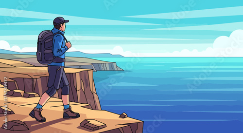 Man Hiking Along Cliff Overlooking Ocean Cartoon Style Illustration