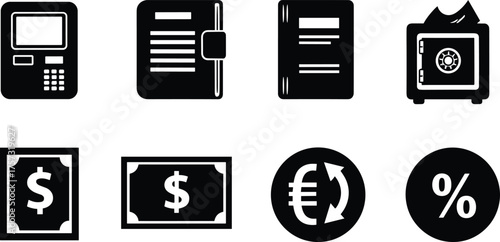 Finance banking icons set, ATM machine, ledger, safe, dollar bill, euro exchange, percentage symbol, accounting, money management, secure savings