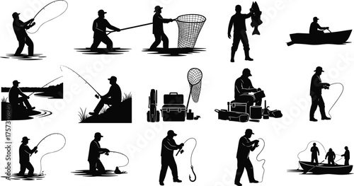 Fishing silhouettes collection, anglers casting rods, catching fish, holding nets, reeling catches, boat fishing, outdoor recreation, hobby, sport, lifestyle, design elements