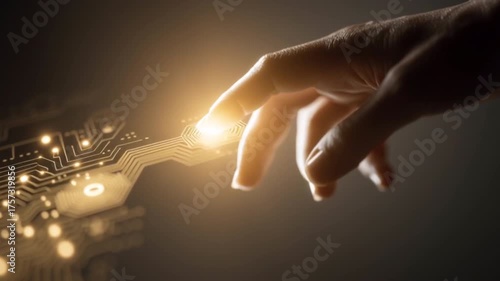 Human Hand Touching Glowing AI Circuit – Merging Humanity and Technology