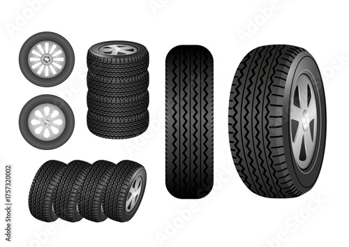 Several car tires are displayed in different arrangements and perspectives against a white background.