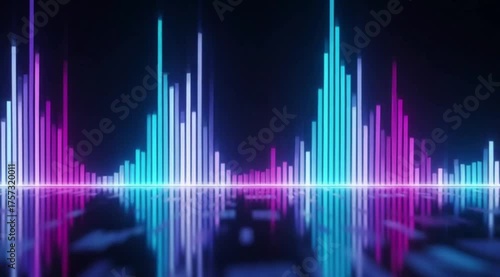 Abstract digital sound wave equalizer with neon lights reflecting on a glossy surface in a dark room