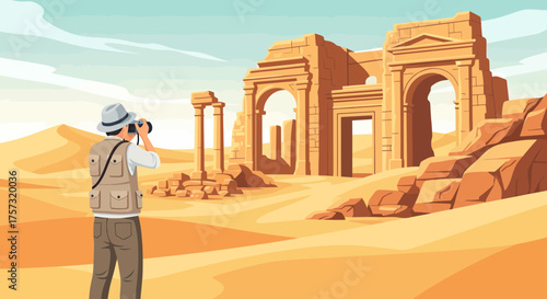 Man Photographing Ancient Ruins In Desert Landscape