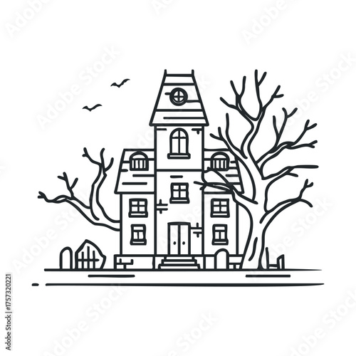 Spooky haunted house illustration with eerie trees and tombstones. Vector line illustration