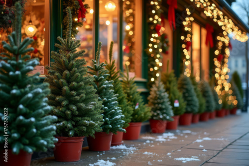Row of potted Christmas trees outside festive store. Holiday street decorated with small pine trees. Winter market selling Christmas trees. Cozy urban Christmas atmosphere with lights and snow.