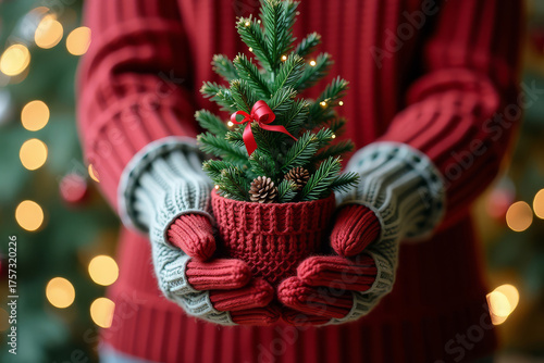 Closeup of hands in knitted gloves holding small Christmas tree. Festive winter composition with red sweater and pine. Cozy holiday gift in hands. Christmas spirit in warm tones.