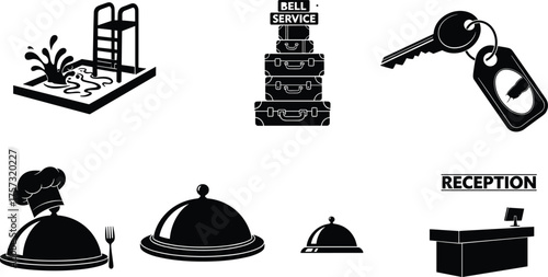 Hotel service icon set, hospitality illustration, reception desk, bell service luggage, swimming pool, room service dining, travel and tourism design