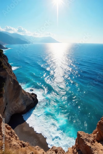 Serene view of the Mediterranean Sea meeting the horizon, sun-kissed waves gently lapping the shore, a breathtaking landscape of calm and blue , mediterranean, heat