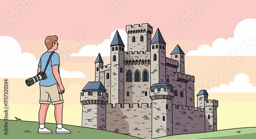 Man Photographing Medieval Stone Castle At Sunset Landscape Cartoon Style