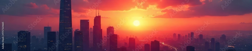 Fototapeta premium Silhouetted cityscape at dawn, futuristic architecture reaching towards a radiant sky, symbolizing hope and faith in a technologically advanced future , dreams, urban