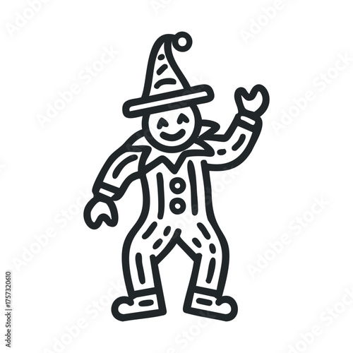 Joyful clown character waving cheerfully for festive events. Vector line illustration