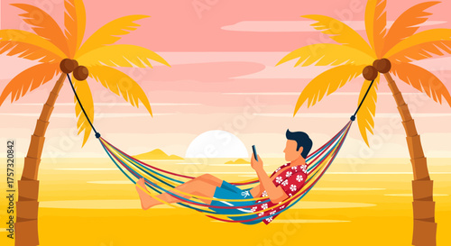 Man Relaxing In Hammock At Tropical Beach Sunset Paradise
