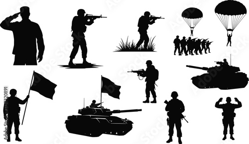 Military silhouettes, soldier icons, army troops, paratroopers, tanks, saluting, marching, rifle aiming, patriotic flag, combat readiness, vector illustration, defense set