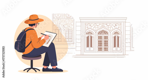 Man Sketching Detailed Architecture Outdoors In A Notebook On An Easel