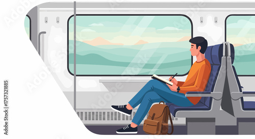 Man Traveling By Train Writing In A Notebook