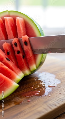 Slicing Fresh Watermelon on Wooden Cutting Board | Close-up of Knife Cutting Juicy Red Watermelon for Summer Refreshments, Healthy Snacks, Food Photography, and Recipe Illustrations