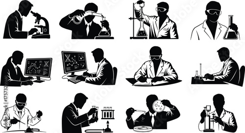 Science laboratory silhouettes, researchers experimenting, using microscopes, pouring liquids, analyzing data, pipetting, titration, petri dish, Bunsen burner, research, education, chemistry