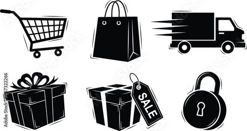 Shopping ecommerce icon set, online retail illustration, delivery truck, shopping bag, gift box, sale discount tag, secure payment padlock