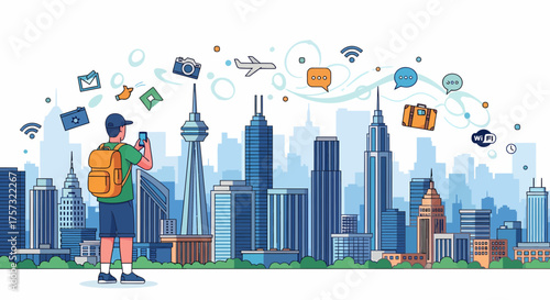 Modern Cityscape With Tourist Capturing Moments on Mobile Device