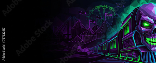 Low Poly Ghost Train Halloween Banner, Geometric Spooky Carnival Ride Illustration with Copy Space