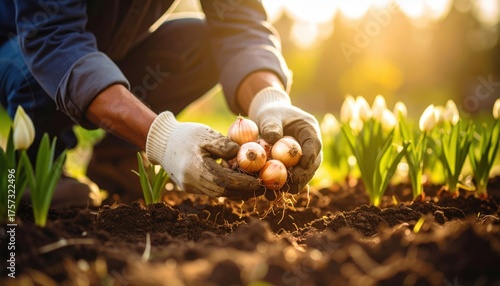 Hands Planting Bulbs in Garden Soil with Blooming White Flowers under Golden Sunlight