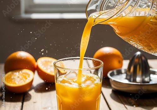 Fresh Orange Juice Being Poured into Glass with Ice | Healthy Breakfast Beverage, Morning Refreshment for Diet and Nutrition Marketing