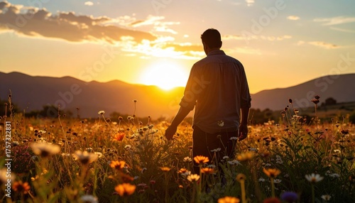 Man Walking Through Wildflower Field at Sunset with Golden Hour Lighting and Mountain Background