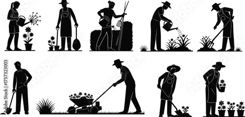 Silhouette collection of gardening, planting, watering, digging, trimming, lawn care, raking, hedge cutting, flower pot, outdoor garden, maintenance activities