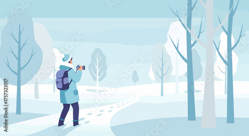 Photographer Capturing Winter Scene With Backpack In Snowy Landscape