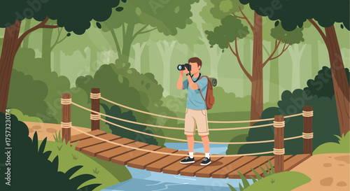 Photographer Enjoying Nature On Wooden Bridge Adventure Outdoors