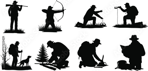 Silhouette collection of wilderness survival, hunting, archery, hiking, navigation, fire making, camping, backpacking, outdoor adventure, exploration, forest skills, tools